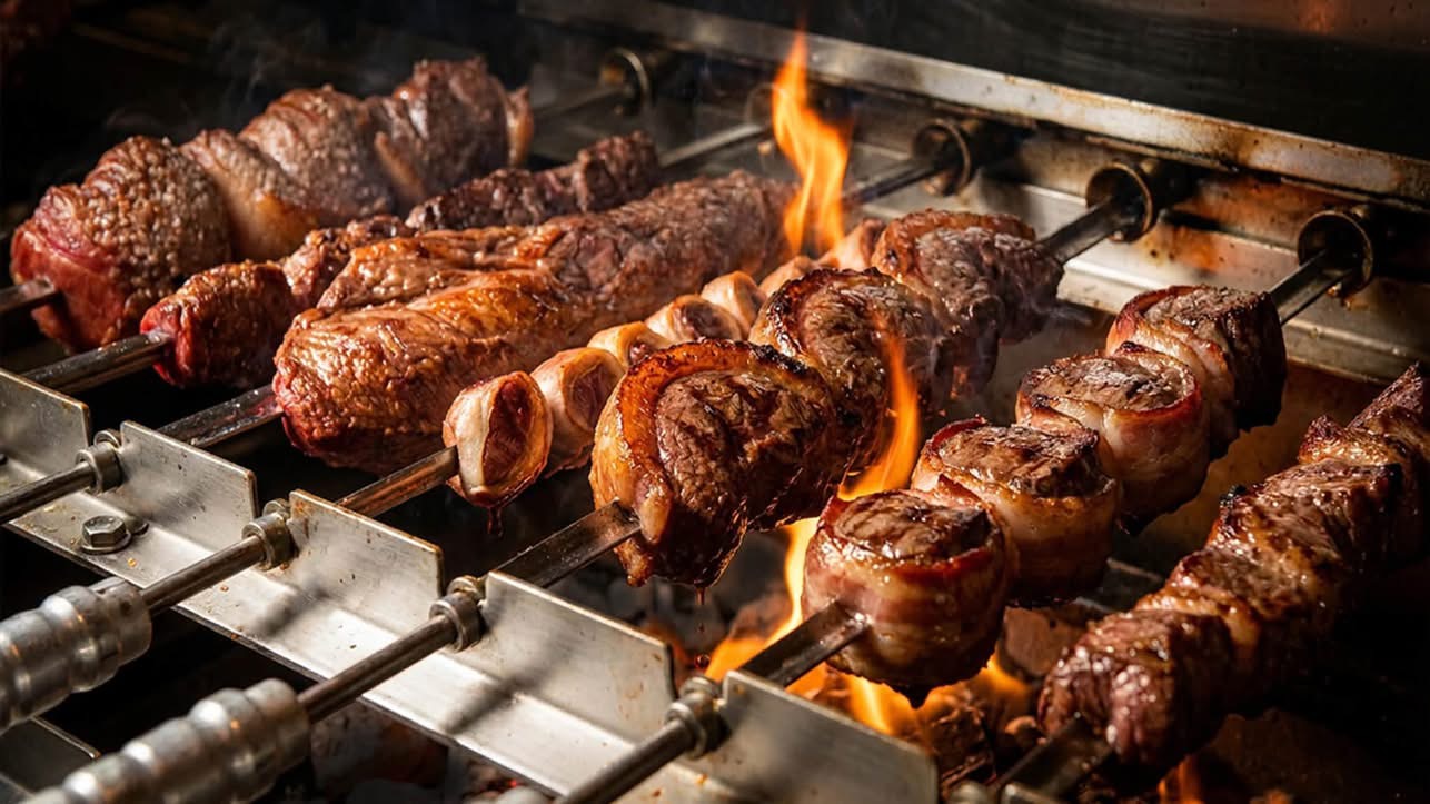Brazilian skewers of meat over open flame